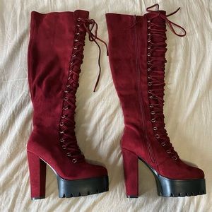Maroon Lace Up Platform Boots (7)